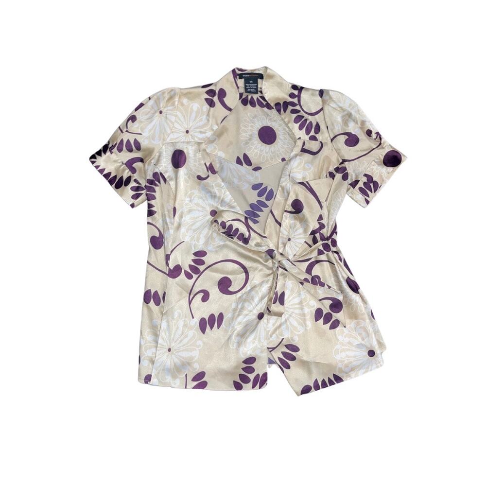 BCBGMAXAZRIA Ivory print Satin Like Wrap Blouse Top Y2K Size XS Chic Career